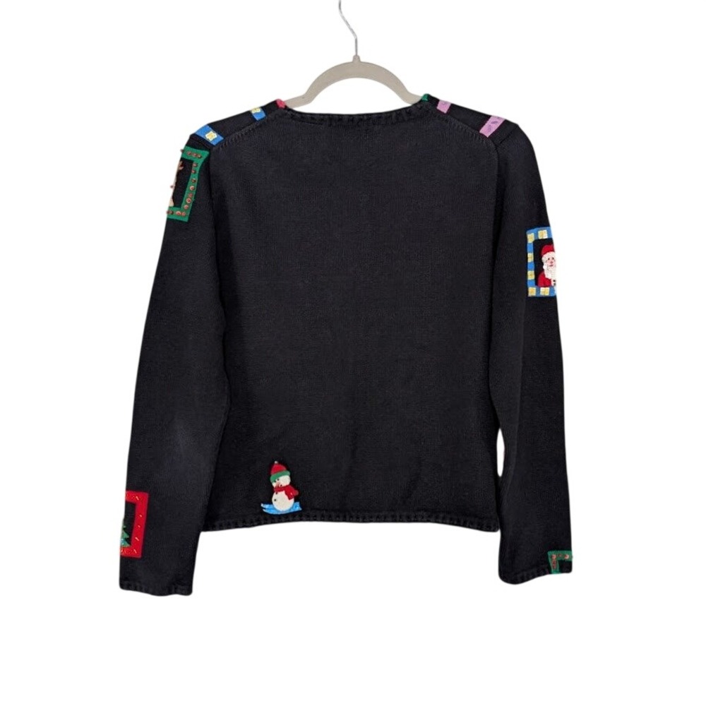 Michael Simon Christmas Cardigan Black M Beaded Window Applique 2001 Y2K - Picture 3 of 10